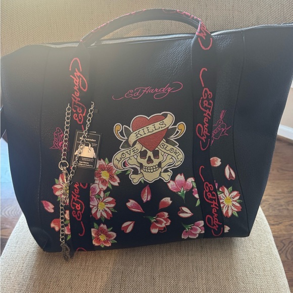 Ed Hardy Black Tote with Pink Floral and Skull Design